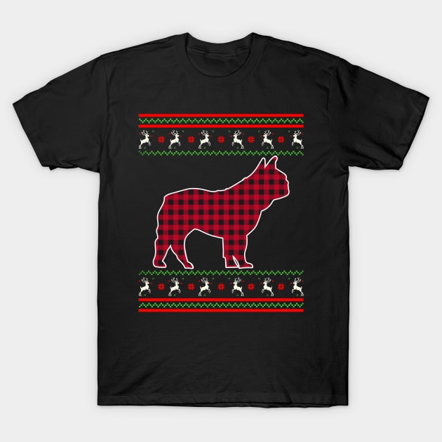 French Bulldog Red Plaid Ugly Christmas Sweater Style T-Shirt by PaulAksenov